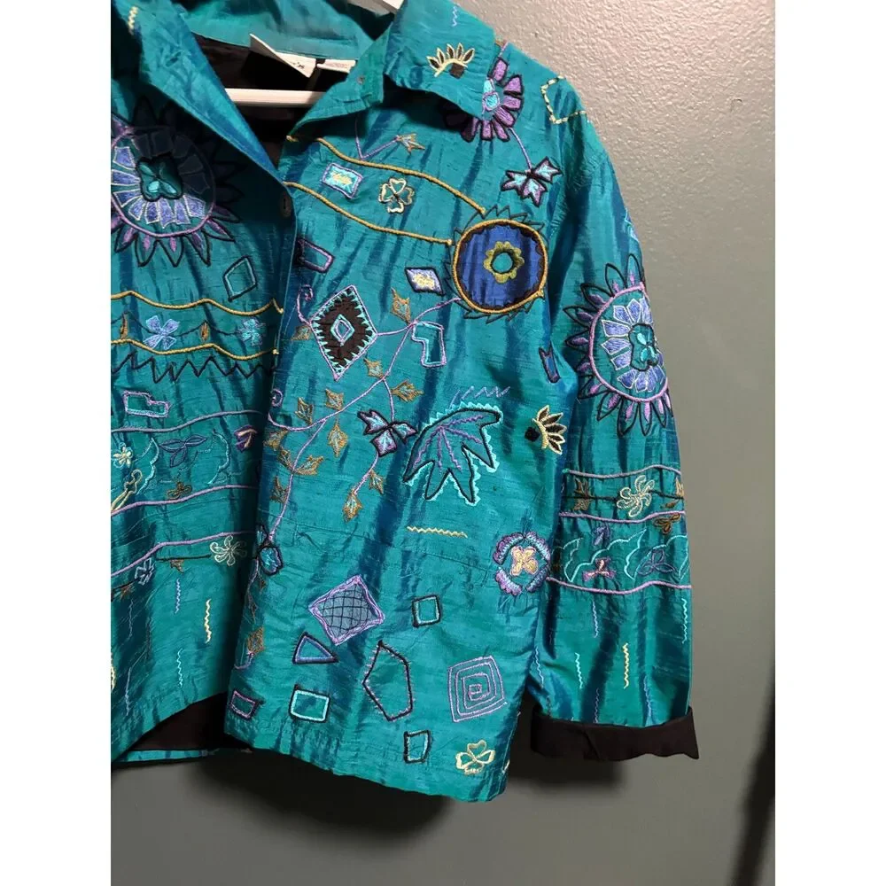 Vintage Chico's Jacket Womens Size 1 Medium Turquoise Embroidered Silk